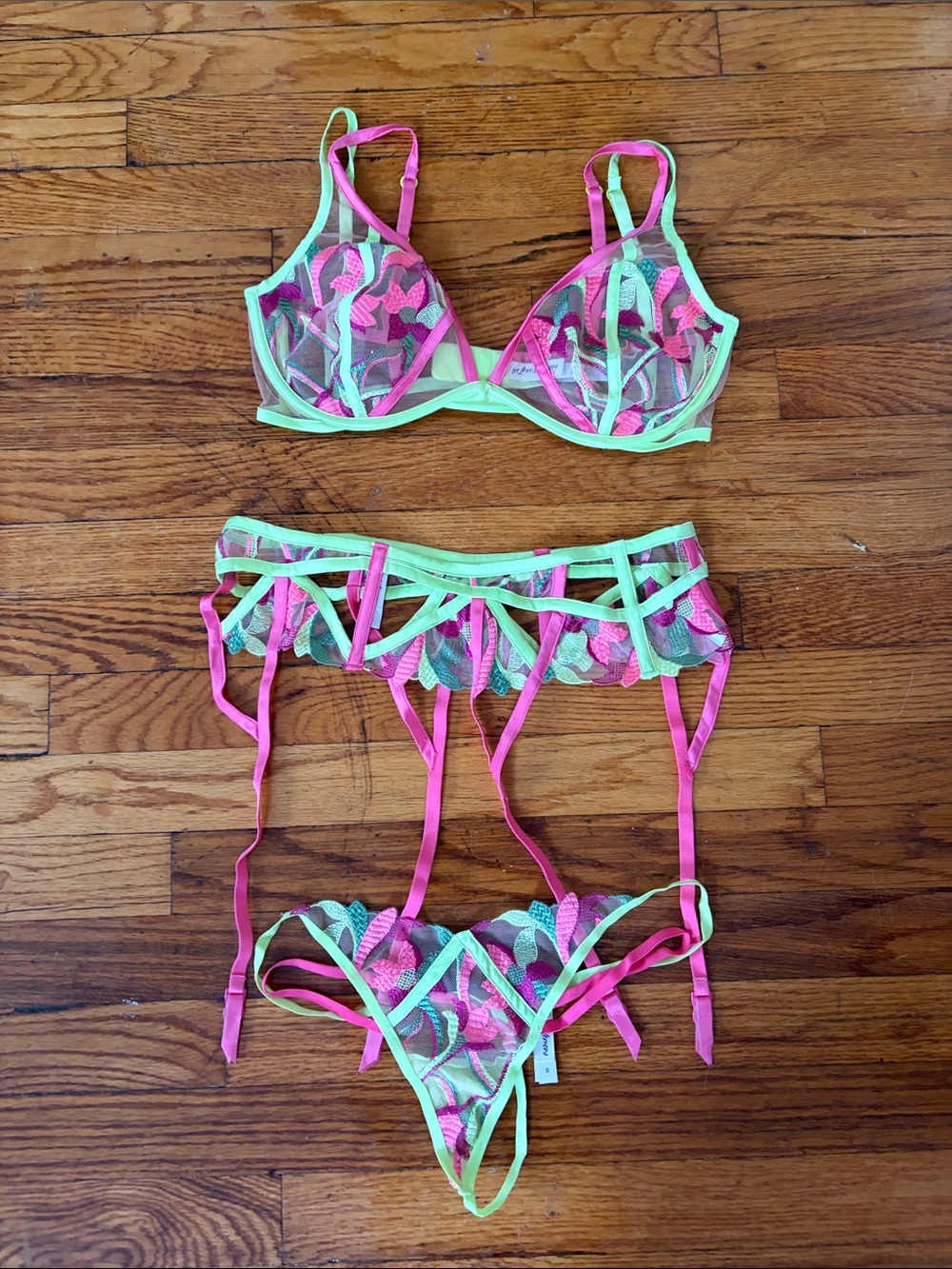 For Love And Lemons Neon Pink & Lime Lace Lingerie Set NWOT